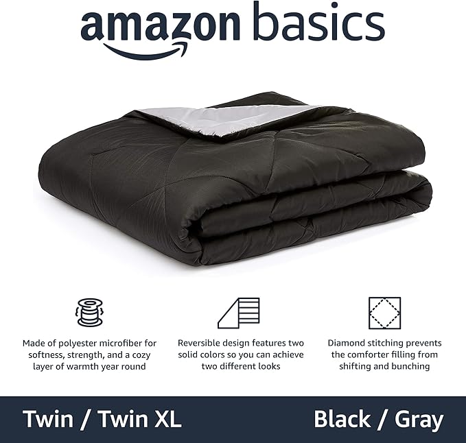Amazon Basics Comforter Blanket Twin/Twin XL, Reversible Lightweight Microfiber All Season Blanket, Black/Grey