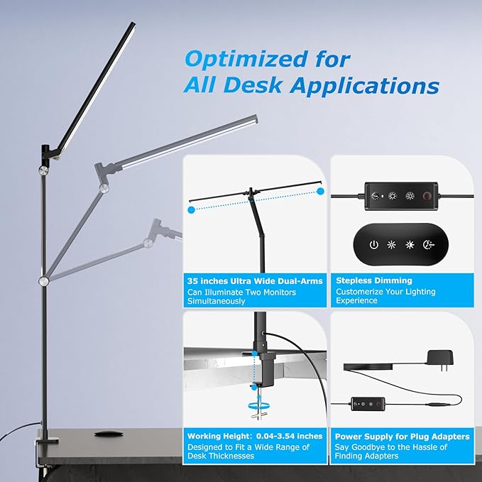 LED Desk Lamp for Home Office, Eye Caring Architect Desk Light with Remote, Dual Screen Computer Monitor Light with Stepless Dimming, Stepless Color Temp, Memory Function for Study, Dark Black