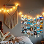 Hanging Photo Display Wall Decor, Macrame Wall Hanging Boho Room Bedroom Decor, Boho Wooden Beads Garland Collage Picture Card Frame Holder with 40 Clips for Bedroom Living Room Dorm, Tapestry