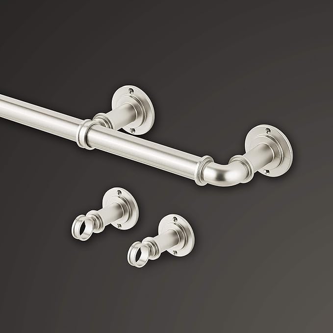 MODE Industrial Room Darkening Collection 1 1/8" Diameter Industrial Curtain Rod Set with Steel Wall Mounted Adjustable Curtain Rod, Blocks Light, Fits 72” to 144” Windows, Brushed Nickel