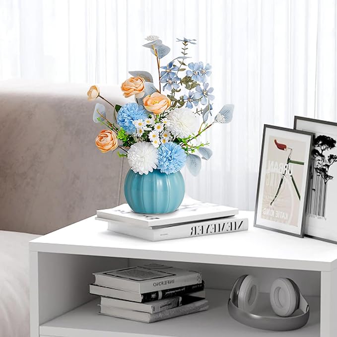 Artificial Flowers, Fake Flowers in Vase, Silk Flowers with Ceramic Vase, Faux Flowers Arrangement for Homes, Restaurants Decoration Dining Table Centerpiece Decor (Blue)