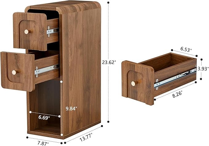 Small Nightstand Set of 2, Wooden Narrow Nightstands with 2 Drawers, Vintage Side End Table for Small Spaces, Skinny Night Stand, Bedside Table for Bedroom, Living Room (Walnut-2PCS)