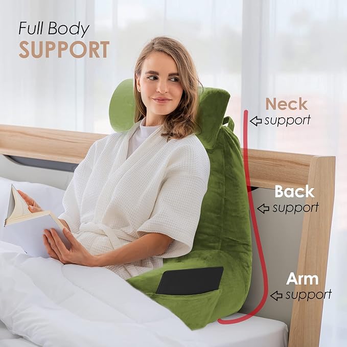 Nestl Reading Pillow Large Bed Pillow, Back Pillow for Sitting in Bed Shredded Memory Foam Chair Pillow, Reading & Bed Rest Pillows Calla Green Back Pillow for Bed, Bed Chair Arm Pillow with Pockets