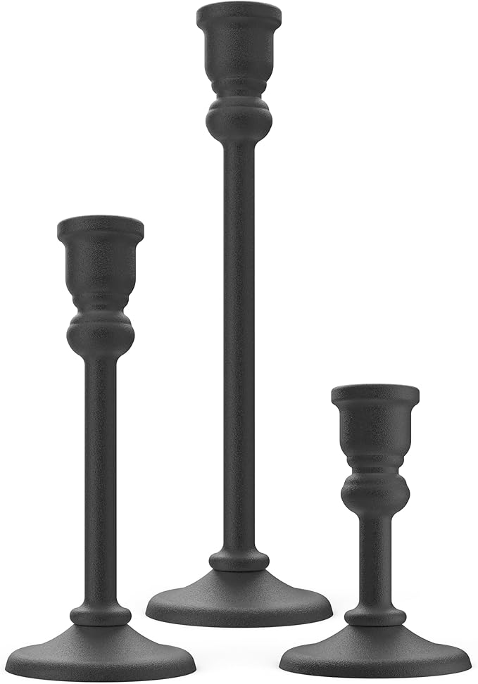 3-Piece Metal Candle Holders Set - Heavy Duty Alloy Taper Candlesticks for Table Centerpiece, Christmas, Dinner Party, Vintage Home Decor - 5-7.5 -10.3Inch Tall, Antique Gold Finish (Black)