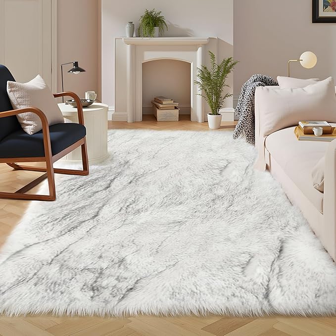 Latepis White with Grey Tips Faux Sheepskin Fur Rug 8x10 for Living Room Bedroom Washable Living Room Luxury Room Decor Fluffy Rug Rectangle