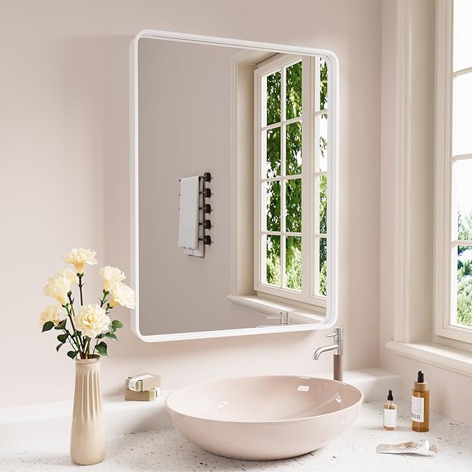 White Bathroom Mirror 40x30 Inch, White Metal Framed Bathroom Mirror for Wall, Rounded Rectangle Matte Bathroom Vanity Mirror, Tempered Glass, Anti-Rust, Horizontal/Vertical