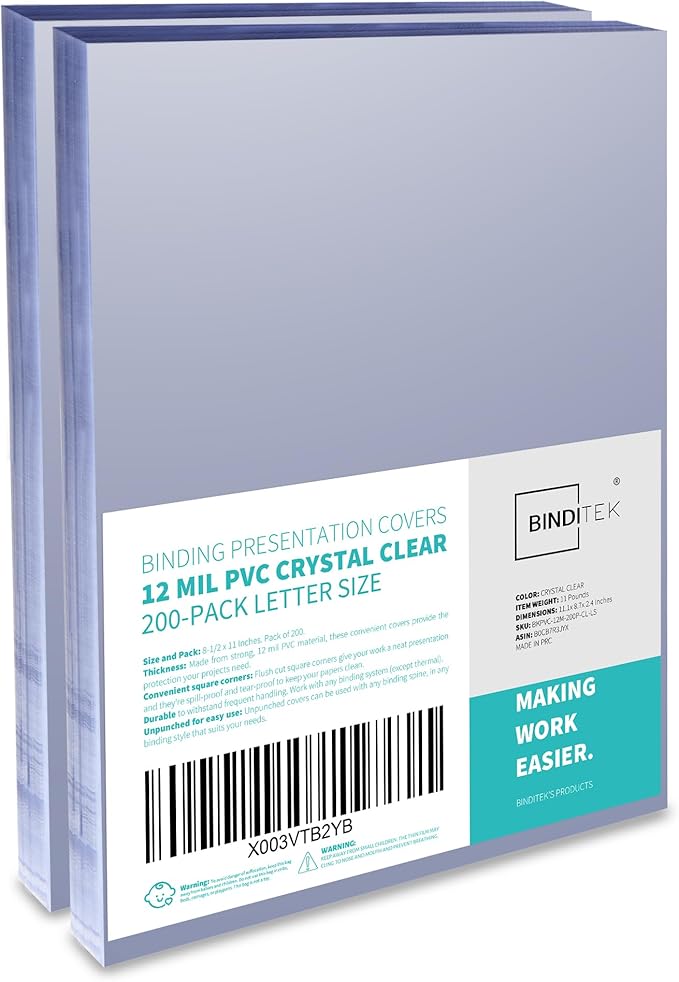 Binditek 200 Pack 12 Mil PVC Binding Report Covers, 8.5 x 11 Inches, Letter Size, Square Corners, Un-Punched, Office Supplies