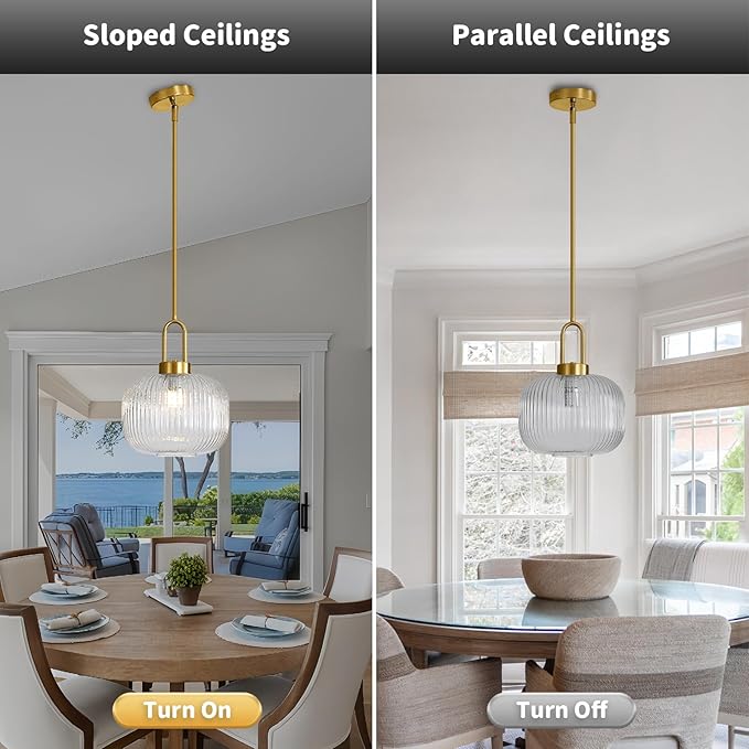 Modern Clear Glass Pendant Light Fixtures, Mid Century Pendant Lights for Kitchen Island, 9.8" Gold Adjustable Height Ceiling Hanging Light Fixtures for Dining Room Entryway Bedroom Foyer Hallway