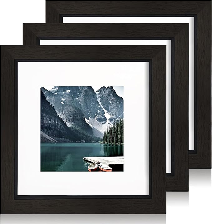 6x6 Black Picture Frames set of 3, Made of Wooden and Real Glass Square Photo frame - Displays 4x4 Picture With Mat or 6 x 6 Without Mat, Desktop & Wall Collage Frame set