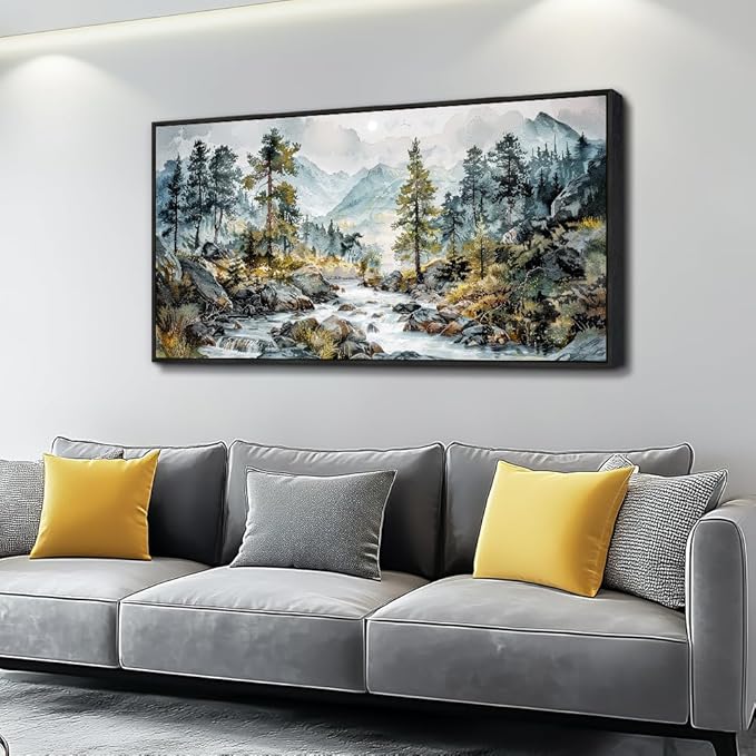 PHAOHUAXM Large Wall Art For Bedroom Wall Decor For Living Room Office Home Decoration Rivulet View Painting Forest Tree Landscape Watercolour Canvas Pictures Ready To Hang Black Framed 20x40 In