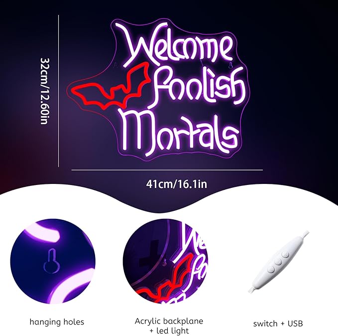 WLHOPE Welcome Foolish Mortals Halloween Neon Sign LED Neon Signs for Wall Halloween Decor Light Up Sign for Wall Decor Party Door Windows Bar Man Cave Decoration USB Powerd 16.1x12.6inches