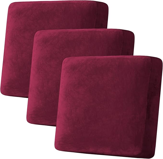 H.VERSAILTEX Velvet Stretch Couch Cushion Cover Plush Cushion Slipcover for Chair Loveseat Sofa Cushion Furniture Protector Seat Cushion Sofa Cover (3 Piece XL Sofa Cushion Covers, Burgundy)