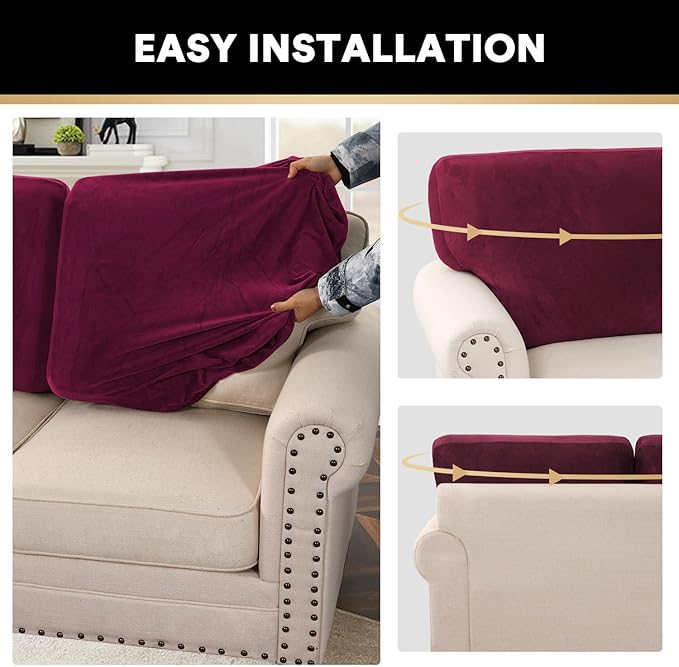 PrinceDeco Velvet Cushion Covers for Sectional Couch, 3 Back Cushion, Burgundy