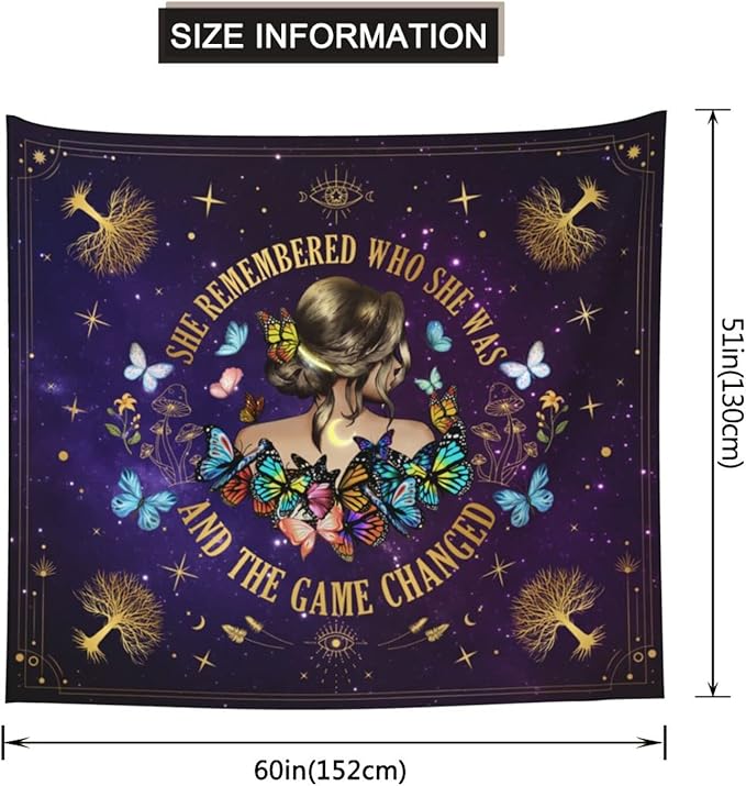Inspirational Quote Tapestry She Remembered Who She Was And The Game Changed Positive Quotes Wall Decor,Uplifting Encouragement Gifts Inspirational Gift for Women Girls Tapestry for Bedroom 60"x50"