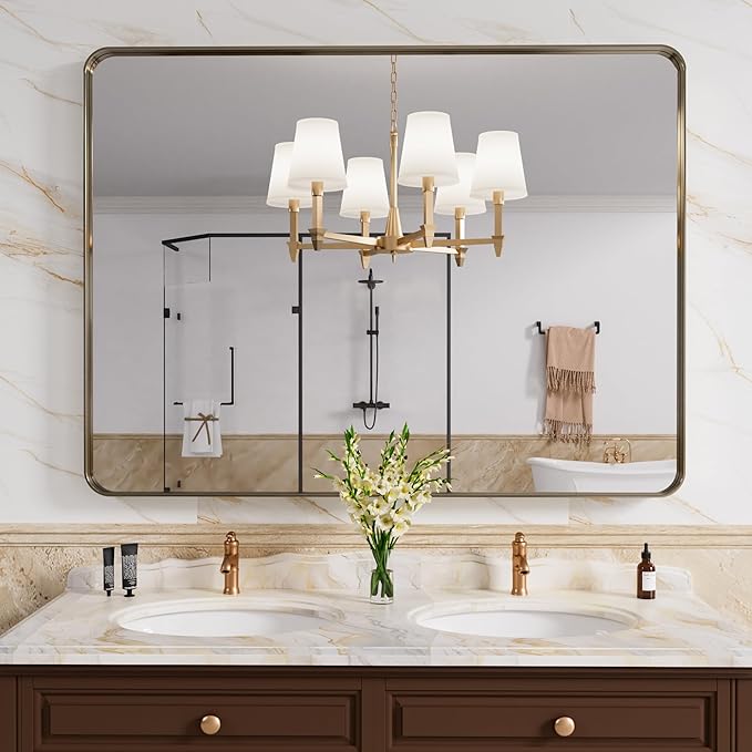 Bronze Bathroom Mirror 40x30 Inch, Brushed Bronze Metal Frame Mirror for Wall, Rounded Rectangle Bathroom Vanity Mirror with Tempered Glass, Anti-Rust, Horizontal/Vertical