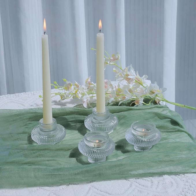 VOHO Vintage Candlestick Holders Set of 6, Dual Sided Candle Sticks Holder Decor for Taper Candles/Tea Lights Candles, Ribbed Candle Holder for Dining Table Centerpiece, Wedding/Christmas Decor(Clear)