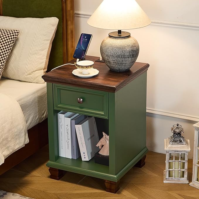 Farmhouse Side Table with Charging Station, Rustic Wood End Table with Drawer, Small Nightstand with Open Shelf for Bedroom, End Tables for Living Room, Green
