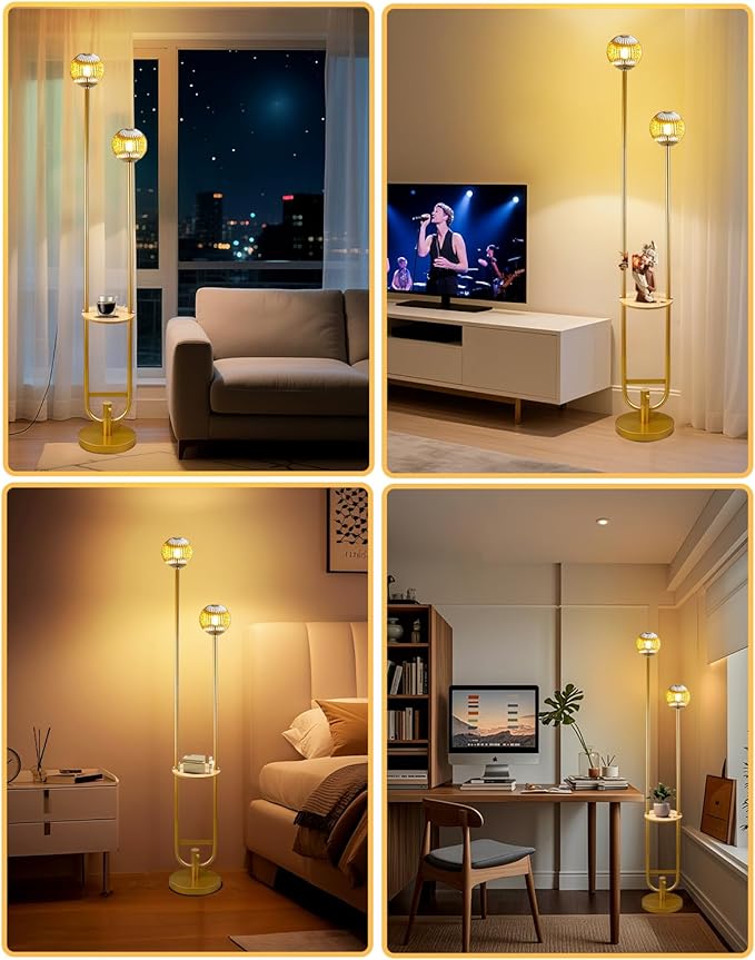 Lightdot Glass Floor Lamp with Tray, 2Pcs 3000K Soft Warm White Bulbs Included, Mid Century Modern Standing Lamps, Gold Dimmable Globe Floor Lamp for Living Room/Wedding/Party