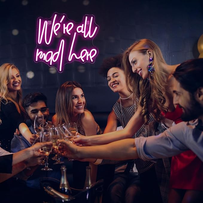 WLHOPE We're All Mad Here Neon Sign, Dimmable LED Neon Signs For Wall Decor,Connectivity Via USB Neon Light For Bedroom Home Dorm Wall Wedding Party Bar Pub Salon Decoration,Personalized Gift