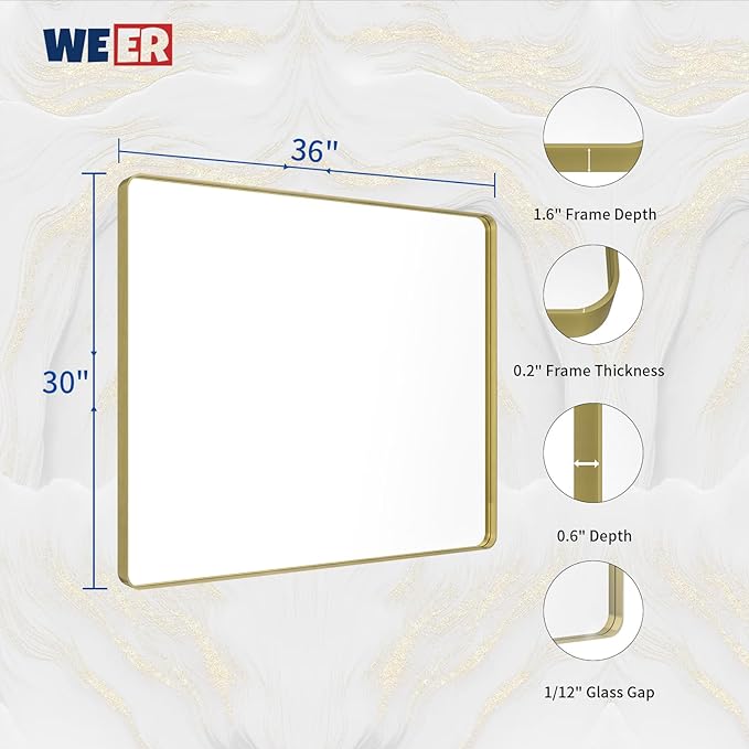 WEER Gold Bathroom Mirror, 36X30 Inch Brushed Gold Metal Frame Mirror, Rounded Rectangle Gold Bathroom Vanity Mirror for Wall, Tempered Glass, Anti-Rust, Hangs Horizontally or Vertically