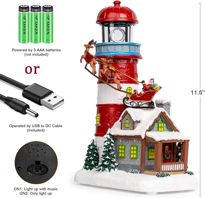 Musical Christmas Village Figurines Lighthouse & Flying Santa Collectibles Building Statues, Battery & USB Christmas Home Decor Gifts Festive Holiday Decorations