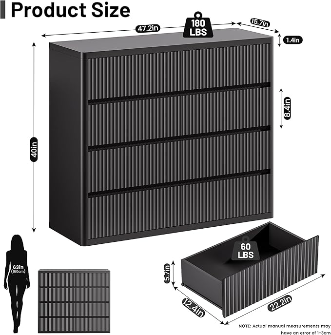Black Dresser for Bedroom, 8 Drawers Double Fluted Dressers, Modern Chest of Drawers with Curved Profile, Handleless, Storage Closet Dressers for Bedroom, Living Room, Entryways, Natural