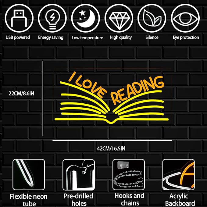 I Love Reading Neon Sign for Wall Decor, Yellow Read More Books Neon Light, Dimmable Classroom LED Light Up Sign for Classroom, Bookstore, Library, Bedroom