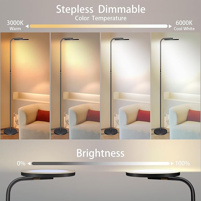 36W Super Bright LED Floor Lamp with Remote Control, Modern Stepless Dimmable Standing Lamp, 350°Rotating Head Tall Torchiere Floor Lamps for Living Room, Bedroom, Office