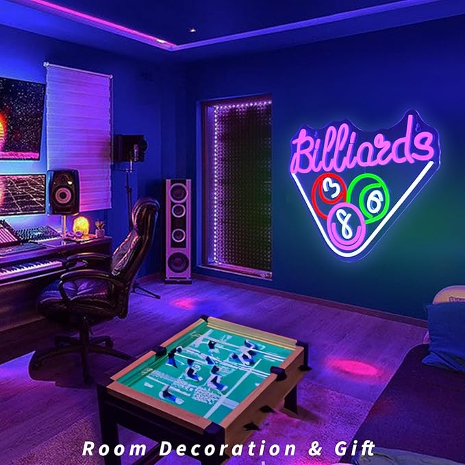 Billiards Neon Signs for Wall Decor Purple LED Light Sign for Preppy Room Decor Light Up Sign for Game Room Birthday Party Decoration USB Powered