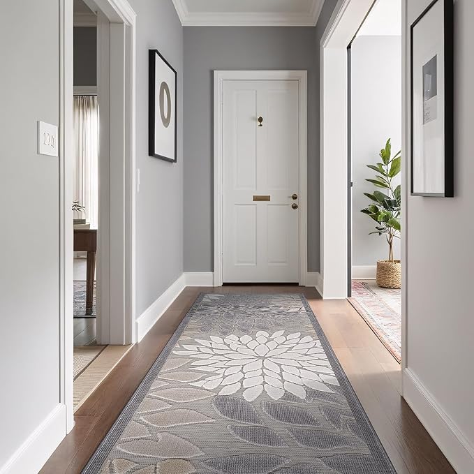 Beverly Rug Outdoor Runner Rug 2x7 Modern Floral Tropical Area Rugs for Indoor and Outdoor Patio Easy to Clean Non Shedding Living Room Porch Garden Washable Outside Carpet (2 x 7 Gray)