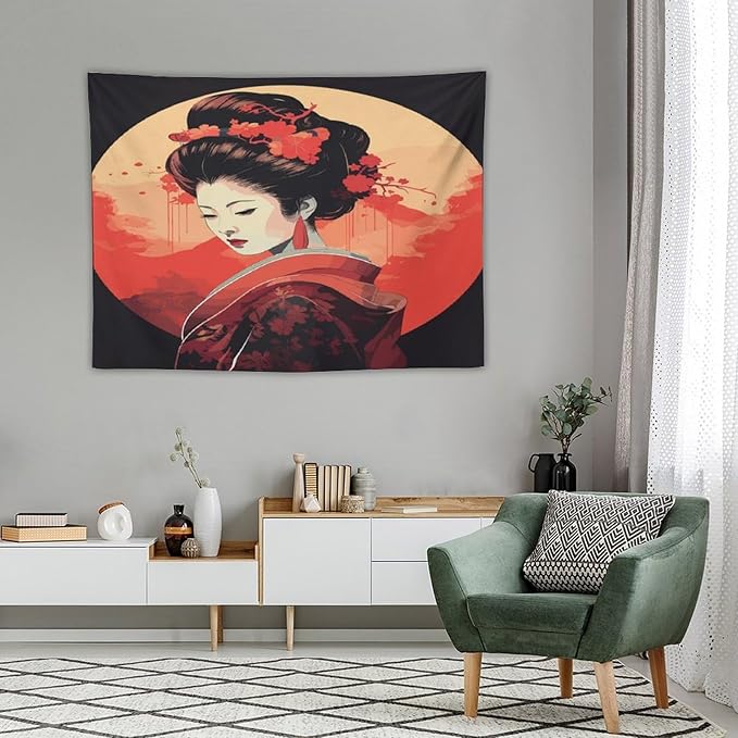 Japanese Woman Geisha Tapestry Asian Cherry Blossom Red Sun Traditional Kimono Folk Tapestries Home Decor for Living Room Bedroom Apartment Farmhouse Dorm 40"x30"