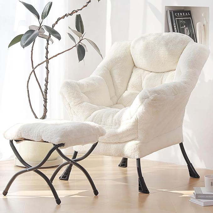 Plush Lazy Chair and Ottoman, Large Contemporary Accent Lounge Chair with Armrests and a Side Pocket, Modern Leisure Upholstered Sofa Reading Armchair with Footrest for Bedroom, Living Room