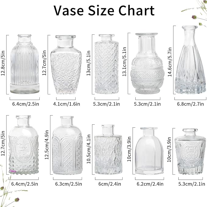 Glass Vase Bud Vase in Bulk Set of 12，Small Vintage Flower Bottle Petite Glass Flower Vase for Floral Arrangements, Decorative Centerpiece,Table Decor,Home Wedding Party
