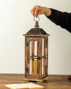 Large Farmhouse Wooden Decorative Lantern Set of 2, Rustic Distressed Brown Burnt Wood Floor Candle Lanterns, Indoor/Outdoor Hanging Lanterns for Home Decor (No Glass)