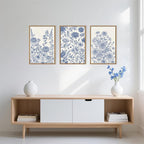 Classic Chinoiserie Floral Framed Canvas Wall Art Set, Blue and White Flower Wall Decor, Navy Watercolor Wall Painting, Minimalist Wildflower Art Print for Living Room, Bedroom - 16"x24"×3