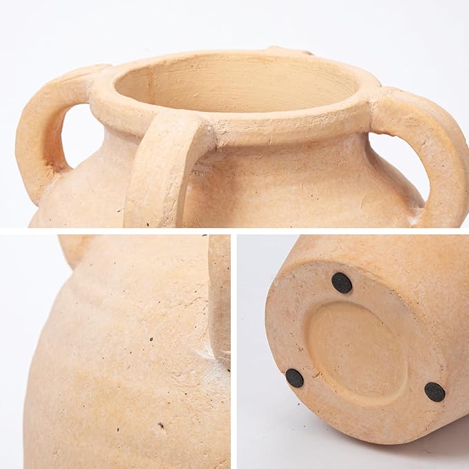 Handcrafted Flower Vase, 9.8" Tall Terracotta Vases, Vintage Rustic Ceramic Vase Décor with 4 Handles, Wide Mouth, Matte Finish for Home Office Resto Café Décor