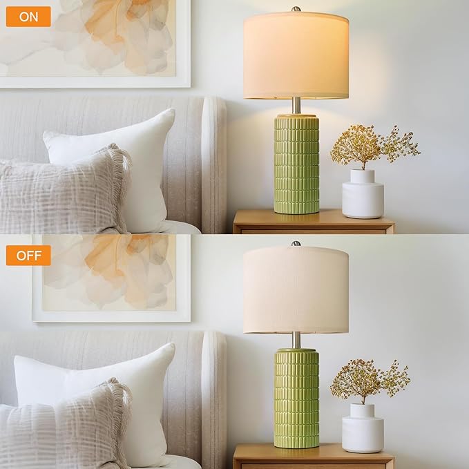 PoKat 23" Green Ceramic Table Lamps Set of 2, Farmhouse Table Lamps for Living Room, Modern Lamps for Bedroom Night Stands, Traditional Nightstand Desk Lamps, Medium