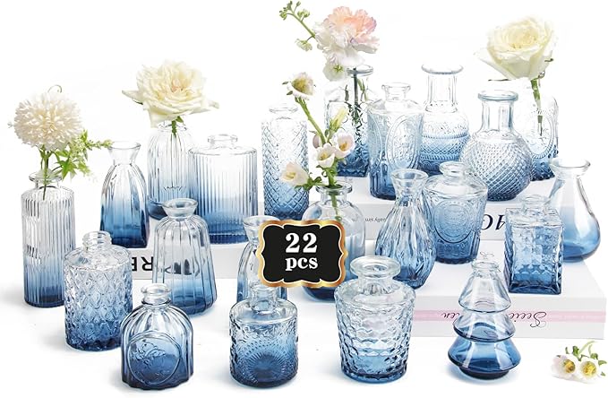 RUCKACE Bud Vases in Bulk 22 Blue Glass Small Vases Flower Vase Bulk for Centerpiece Table Wedding Decorations Home Decor Party(Gradient Blue 22 Pack)