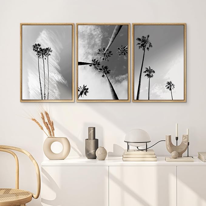 SIGNWIN 3 Piece Framed Canvas Wall Art Black and White Palm Tree Canvas Prints Home Artwork Decoration for Living Room,Bedroom - 16"x24"x3 Natural