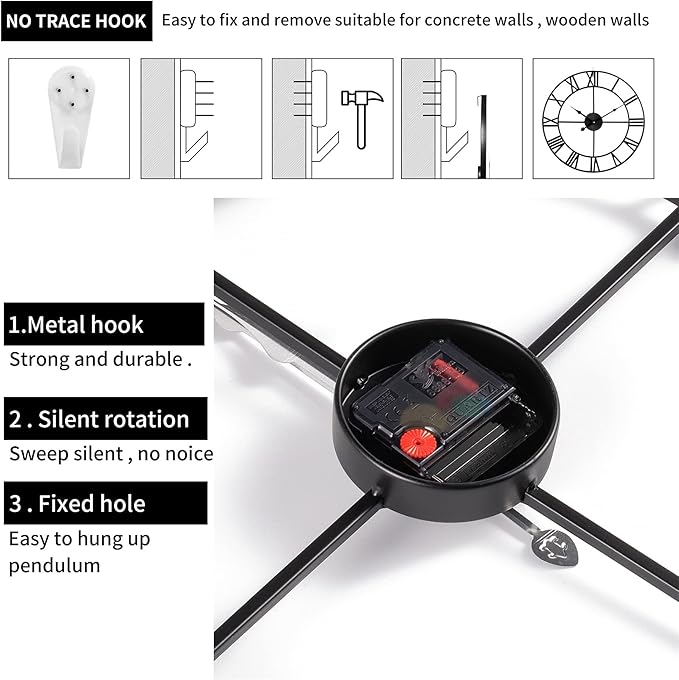 1st owned Large Wall Clock Metal Retro Roman Numeral Clock, Modern Round Wall Clocks Almost Silent, Easy to Read for Living Room/Home/Kitchen/Bedroom/Office/School Decor (Black, 24 Inch)