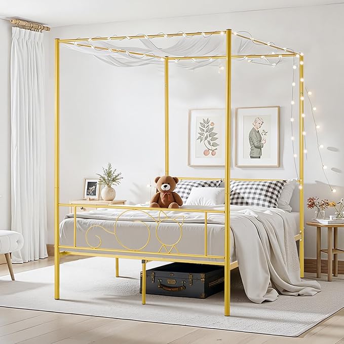 VEVOR Canopy Bed Frame Full Size, Metal Canopy Bed with Minimalist Headboard & Four Posters Design, Heavy Duty Steel Slats Support, Underbed Storage Space, No Box Spring Needed, Easy Assembly, Gold