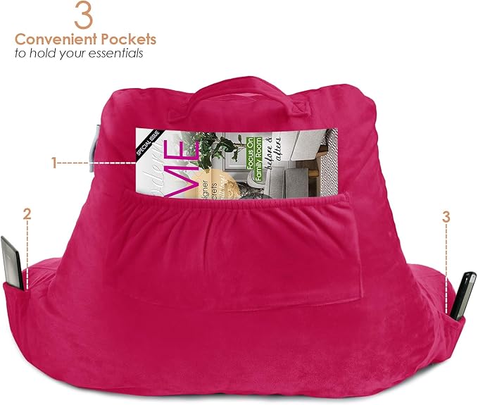 Nestl Reading Pillow for Kids, Small Bed Pillow, Back Pillow for Sitting in Bed, Memory Foam Chair Pillow, Reading & Bed Rest Pillows, Hot Pink Back Pillow for Bed, Arm Pillow with Pockets