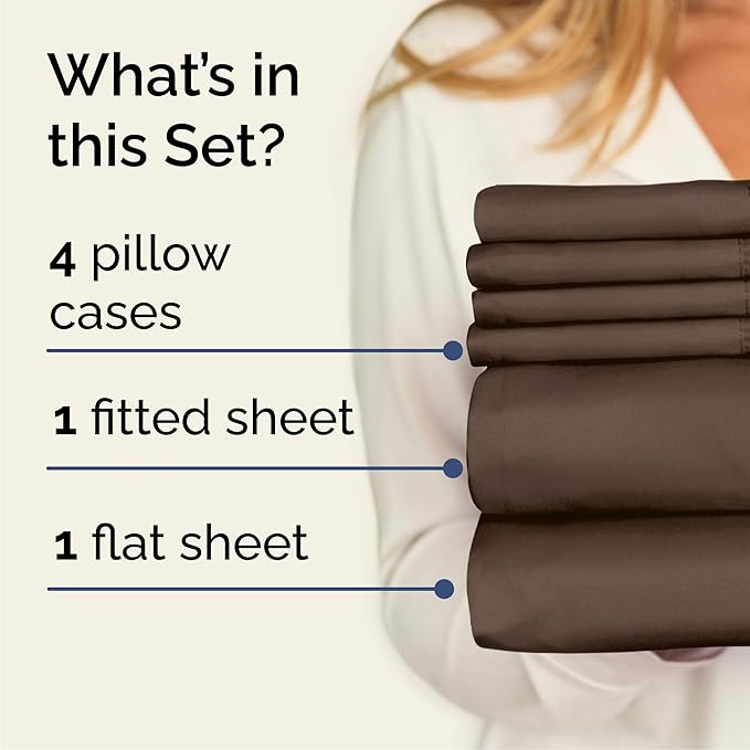 Queen Sheets Set 6 Piece - Includes 4 Pillowcases - Bed Sheets Queen Size - Soft Hotel Luxury Bedding - Cooling, Comfy, Cozy & Breathable - 1 Flat & 1 Fitted & 4 Pillowcases w/ Deep Pockets - Brown