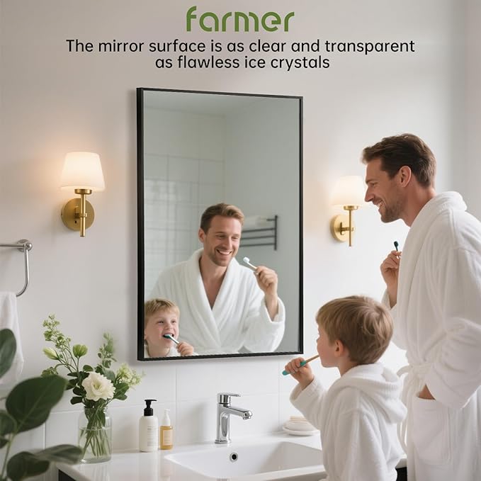 FARMER 20x30 Inch Black Bathroom Mirror, Rectangle Wall Mounted Mirror, Vanity Mirror, Brushed Square Mirror, Framed Bathroom Mirror for Bedrooms, Entryways, Living Rooms, Horizontal/Vertical