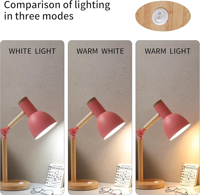 Table Lamp,Wooden Adjustable Tri-Color Desk & Bedside Lamp for Office, Living Room, Bedroom & Kids Room (Pink)