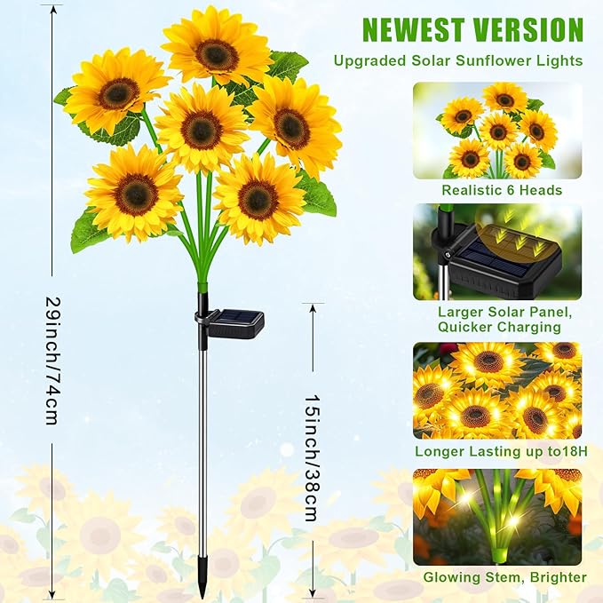 Sunflower Solar Lights Outdoor Decor, 4 Pack Solar Garden Decor 24 Waterproof Solar Sunflower Outdoor Lights for Garden Patio,Flower Bed, Pathway, Gift for Women, Mom, Grandma