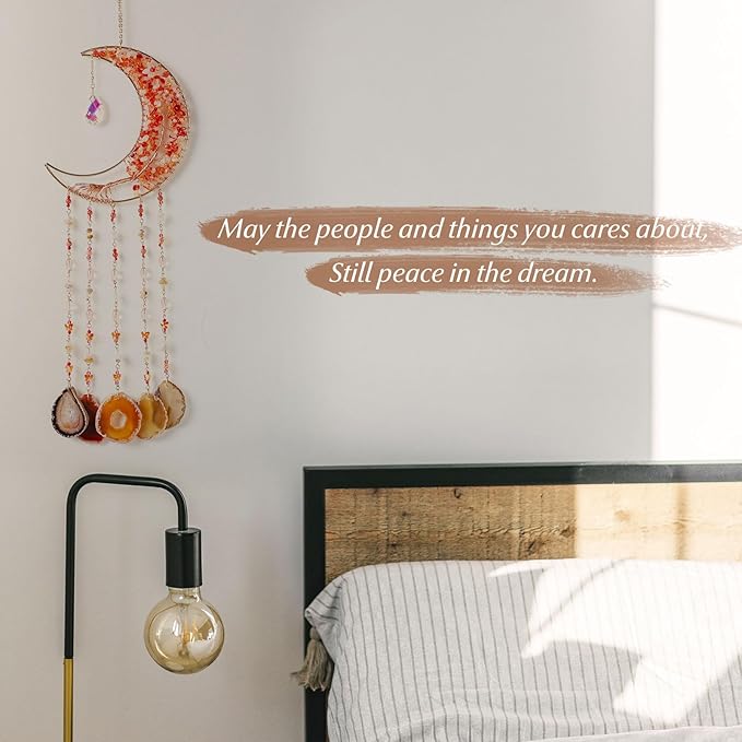 Agate Gemstone Dream Catcher 7 Chakra Tree of Life Dream Catcher with Rainbow Crystal Stones Handmade Dreamcatcher Wall Decor for Adults Boys Girls,Bedroom,Wedding,Garden,Bless Gift(Orange Moon)