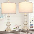26" Farmhouse Table Lamps Set of 2, Rustic Touch Control Bedside Lamps with 2 USB Ports & AC Outlet, Vintage White Resin 3-Way Dimmable Nightstand Lamp Linen Fabric Shade for Living Room Bedroom Decor