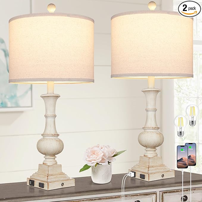 26" Farmhouse Table Lamps, Table Lamps for Living Room Set of 2 with USB A+C Ports & AC Outlet, Vintage Rustic Touch Control 3-Way Dimmable Boho Nightstand Lamp White Washed Resin for Bedroom Deocr