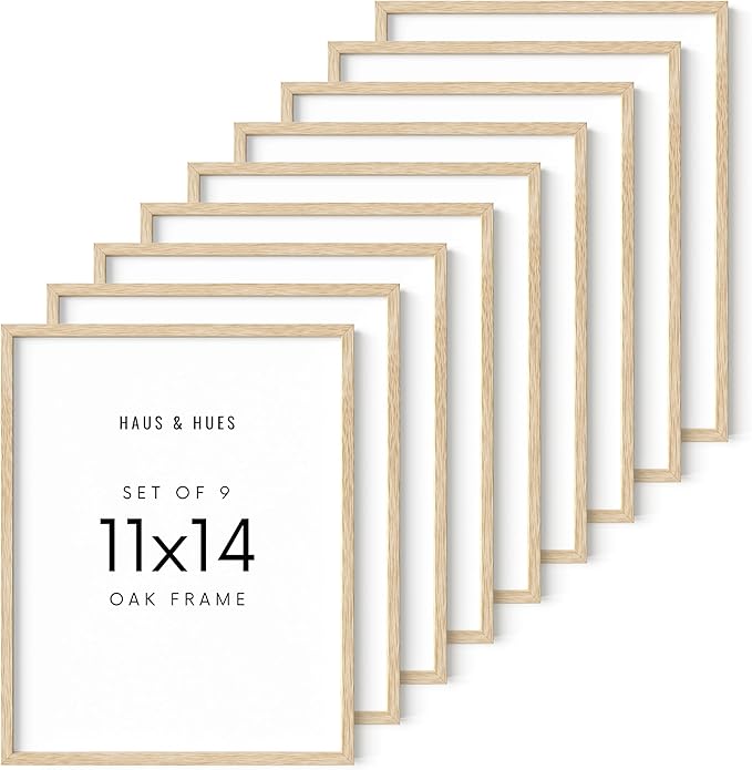 HAUS AND HUES Square Picture Frames 11 x 14 Set of 9 - Photo Gallery Wall Frame Set, Wood 11x14 Frames, 11 x 14 Frames Gallery Wall Set, 11x14 Frame with Mat, Square Frames 11x14 (Beige Oak Frames)